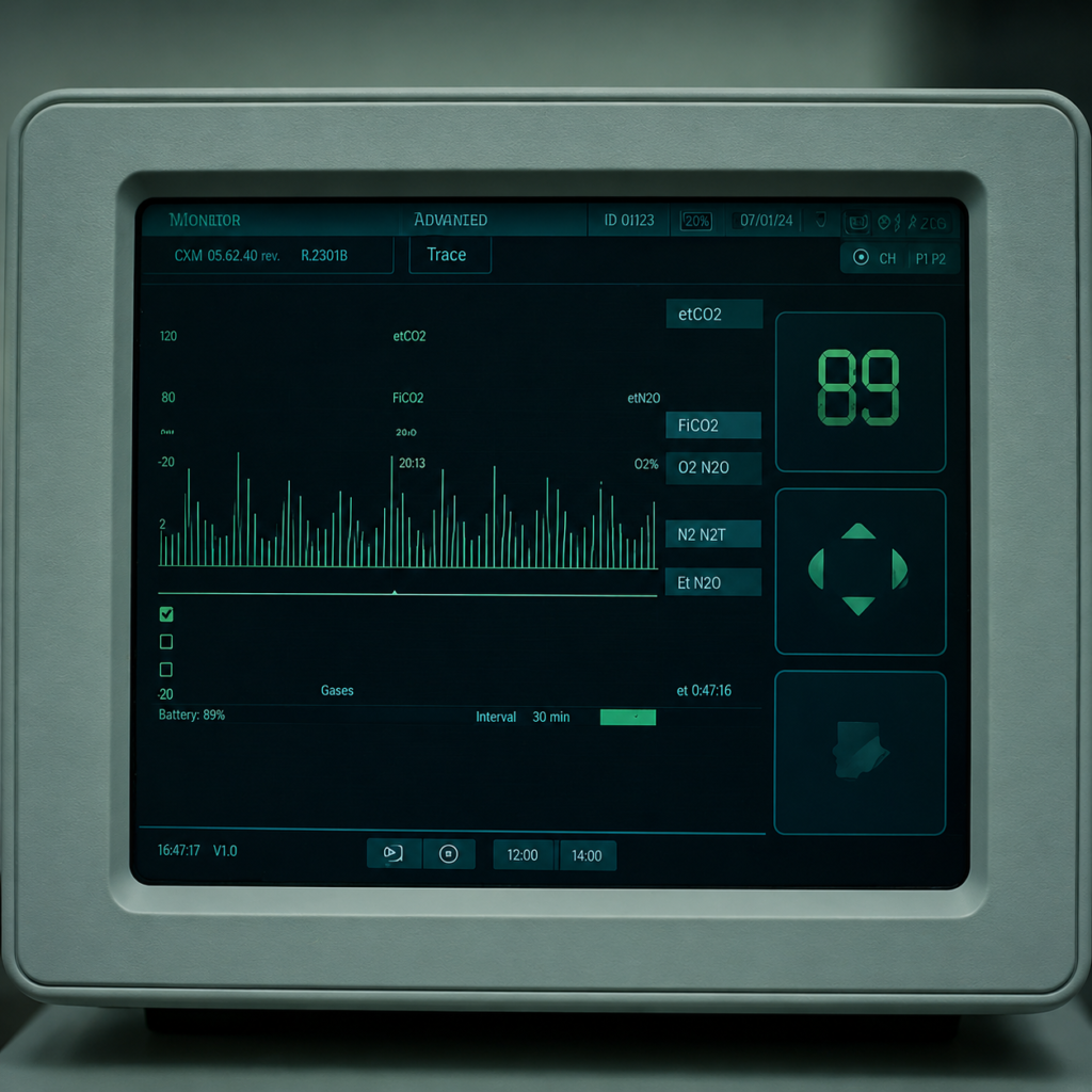Medical monitoring device with digital display showing waveform graph and numeric readings on a dark teal interface.