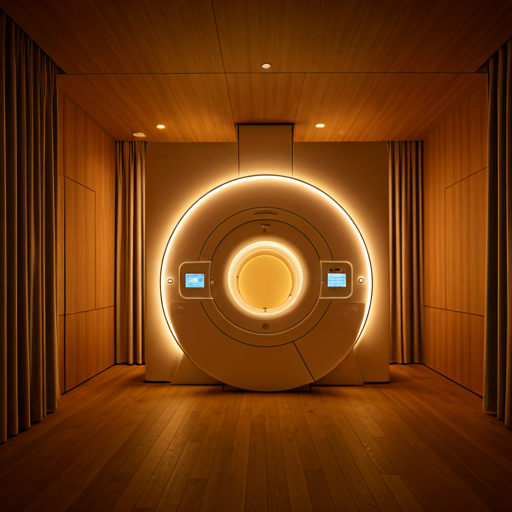 A modern, pure white MRI machine centered in a room with warm wood paneling and soft lighting.