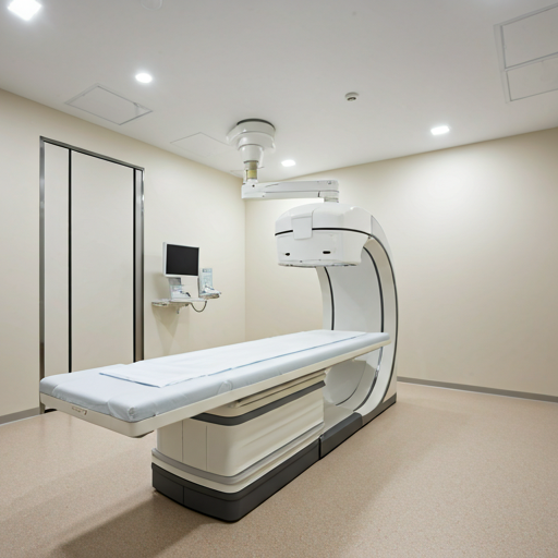 Modern fluoroscopy imaging system with patient table and C-arm scanner in a clean hospital examination room.